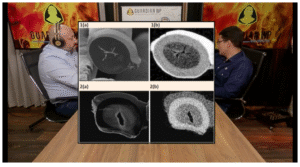 Breno Augusto da Guardian e Leandro Coelho da Cedro discutem a tecnologia de tecidos retardantes a chamas em um estúdio Guardian WP.
No centro da imagem, há uma ilustração com imagens microscópicas da fibra de algodão, destacando a estrutura interna após o tratamento retardante a chamas. As imagens mostram cortes transversais da fibra em diferentes níveis de ampliação e contraste, evidenciando a penetração do polímero protetor.